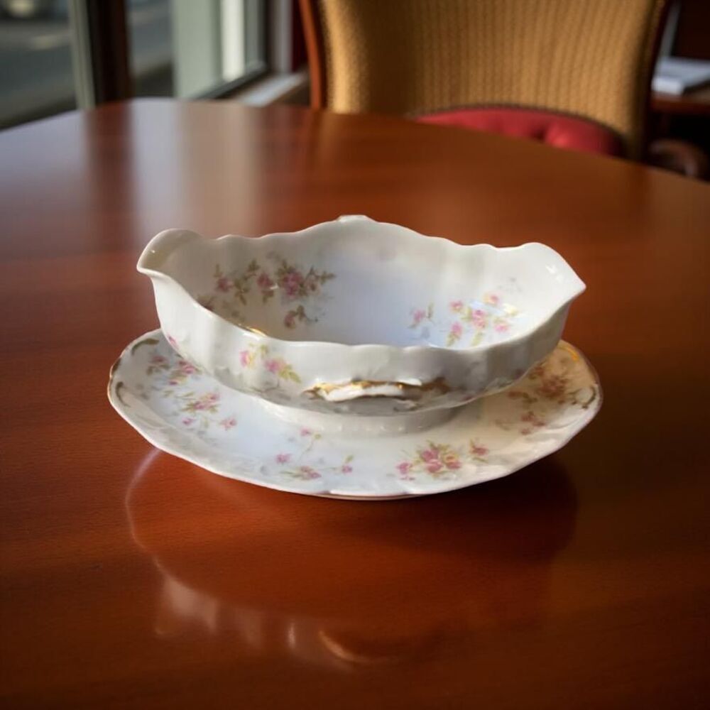 Antique Theodore Haviland Limoges Porcelain Gravy Boat & Underplate